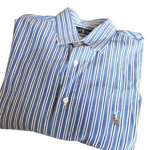 Vintage Ralph Lauren Yarmouth Shirt Men's 17 34 Long Sleeve Flesh Pony Logo Blue